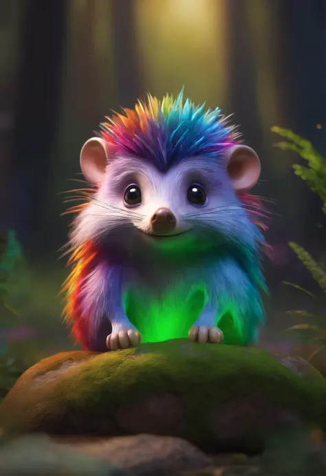 A brightly colored hedgehog sits on a stone in the forest, adorable digital painting, Render monkeys, anthropomorphic hedgehog, rainbow fur, Rendering Marmoset ToolBaged, Zbrush Color Renderer, Рендеринг Marmoset ToolBag, The octane number turns a lonely r...