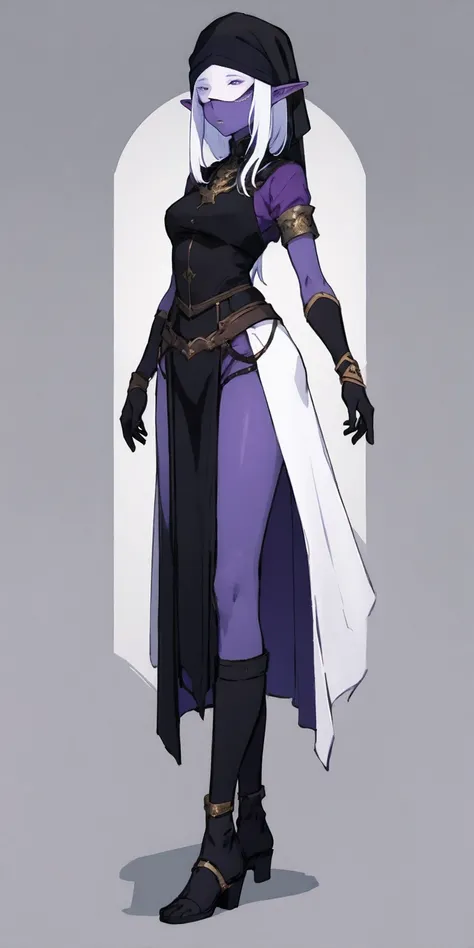 Masterpiece, standing straight symmetrical, full body female drow elf slave wearing an adventurer outfit, black blindfolded, (very purple skin)