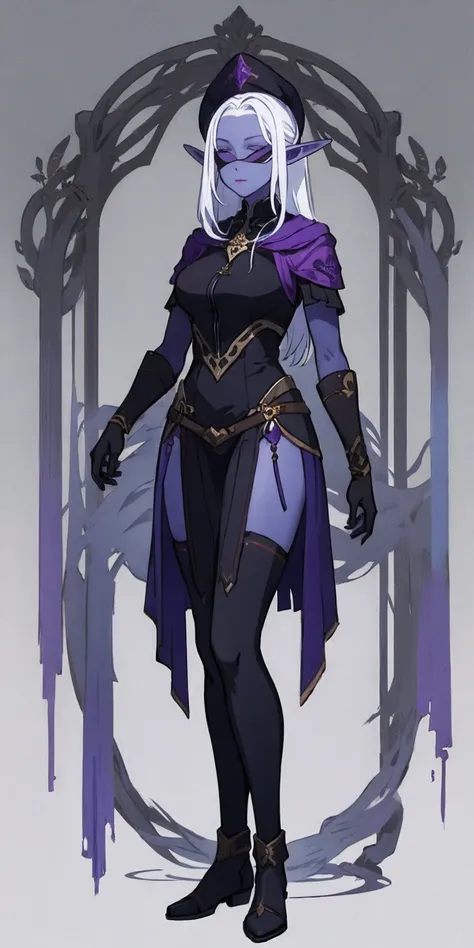 masterpiece, standing straight symmetrical, full body female drow elf slave wearing an adventurer outfit, black blindfolded, (ve...