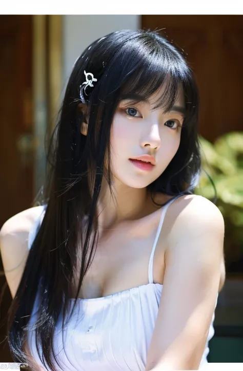 idol、One lady、(long black hair1.3)、With bangs、Cool style、slutty、(tits huge:1.3)、(​masterpiece、Top  Quality)、((20 years old woman:1.2))、Young and lovely Japanese face, Dewy skin, Soft portraits,8K,、Its very, very beautiful、Looking at the camera、,Telegraph E...