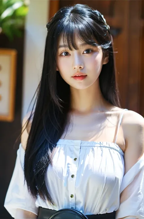 idol、One lady、(long black hair1.3)、With bangs、Cool style、slutty、(tits huge:1.3)、(​masterpiece、Top  Quality)、((20 years old woman:1.2))、Young and lovely Japanese face, Dewy skin, Soft portraits,8K,、Its very, very beautiful、Looking at the camera、,Telegraph E...