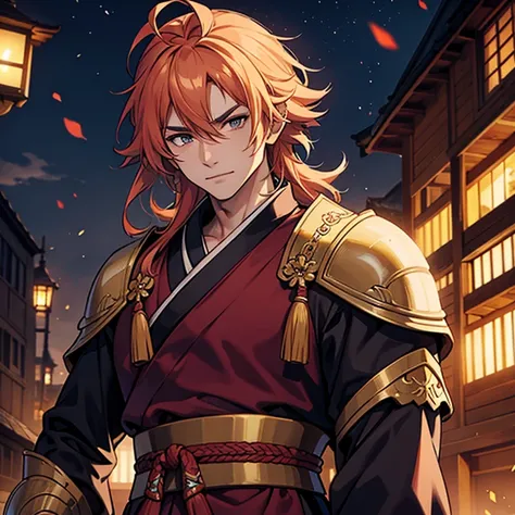 Make me an iPhone wallpaper of a man with peach colored hair in a samurai suit