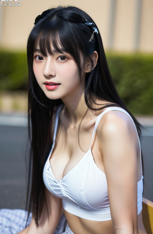 idol、One lady、(long black hair1.3)、With bangs、Cool style、slutty、(tits huge:1.3)、(​masterpiece、Top  Quality)、((20 years old woman:1.2))、Young and lovely Japanese face, Dewy skin, Soft portraits,8K,、Its very, very beautiful、Looking at the camera、,Telegraph E...