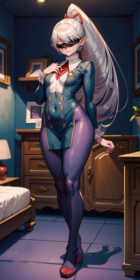 Masterpiece, standing straight symmetrical, full body female drow elf slave wearing an adventurer outfit, black blindfolded, (very purple skin) (((1 girl)),ray tracing,(dim lighting),[detailed background (bedroom)),((silver hair)),((silver hair)),(Fluffy s...