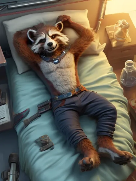 sleepy Rocket Racoon, lying on a bed in a laboratory with his legs spread, sedated with sedation from a drip, closed eyes, a distinctly sleepy look on his face, resisting to sleep, barefoot, detailed nice big paws with short claws, strapped to the bed by h...