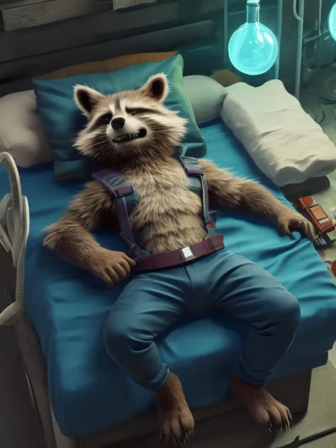 sleepy rocket racoon, lying on a bed in a laboratory with his legs spread, sedated with sedation from a drip, closed eyes, a dis...