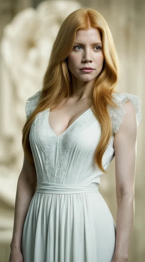 there is a woman with a very long hair and a white shirt, this person does not exist, pensive and hopeful expression, thin, statuesque, amy adams-jessica chastain-katheryn winnick-heather morris-anne heche-christina applegate-freya allan-stephanie pratt-ka...