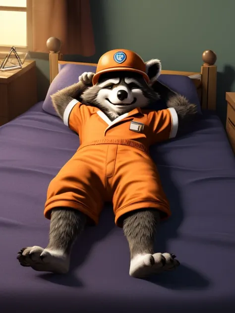 sleepy rocket racoon, lying on a bed in a laboratory with his legs spread, sedated with sedation from a drip, closed eyes, strap...