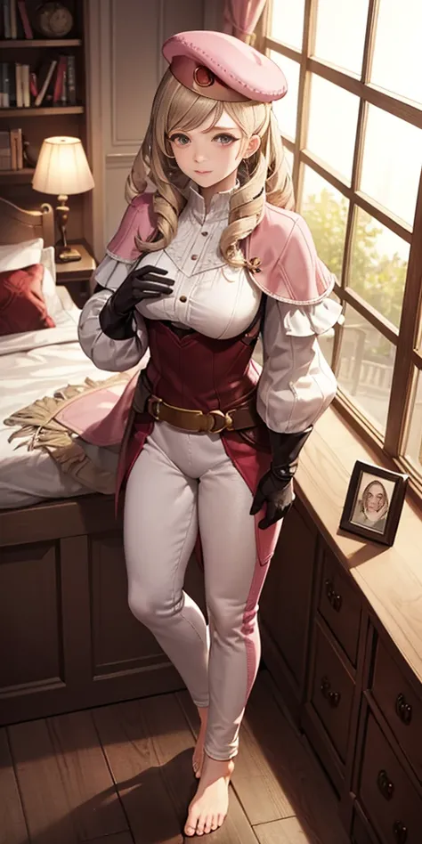 masterpiece, best quality, full body, barefoot, solo, female, big breast, feforrest, beret, pink capelet, pink tunic, white pants, brown gloves, upper body, looking at viewer, shy, from above, mansion, room, finely decorated room, pink theme