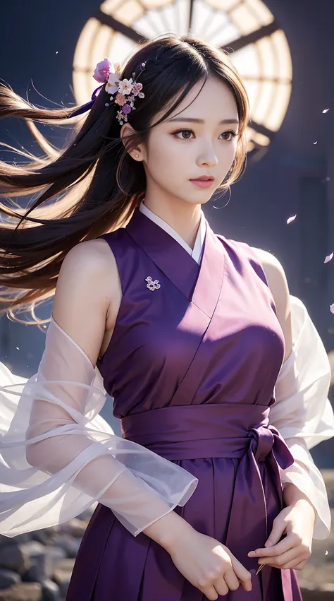 (Original photo, best quality), (realistic, photo realistic: 1.3), dark purple hanbok dress, delicate headdress, hairpins, water sleeves, flying ribbons, delicate facial features, flying petals, 8k wallpaper, ink, amazing, movie lighting, lenlare, dunhuang...