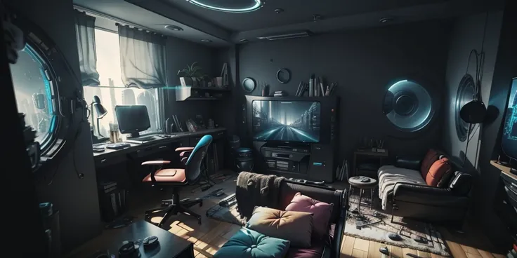 Photo of room with table and chairs, bedroom interior, Apartments for art students, messy rooms，There are many personal items in the room，cyber punk personage，room from &cite;Cyberpunk 2077&ciots of sci-fi details，Hologram screen and floating chair，This sp...