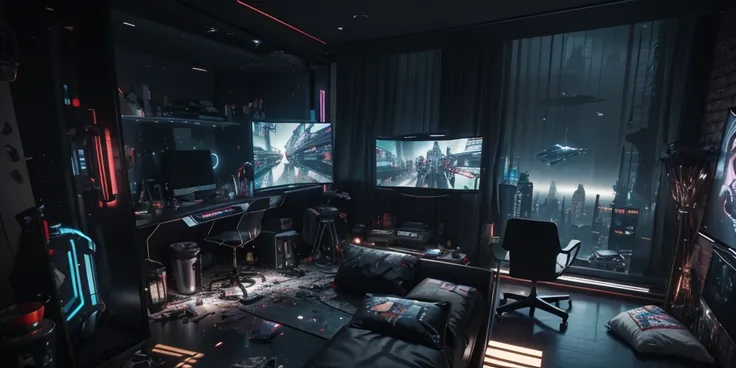 Photo of room with table and chairs, bedroom interior, apartment of an art student, messy rooms，There are many personal items in the room，cyber punk personage，room from &cite;Cyberpunk 2077&sci-fi details ciots，Hologram screen and floating chair，This space...