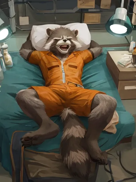 Sedated Rocket Racoon, lying on a bed in a laboratory with his legs spread, drugged with sedation from a drip, closed eyes, strapped to the bed by his wrists and ankles, a distinctly sleepy look on his face, resisting to sleep, detailed nice big paws with ...