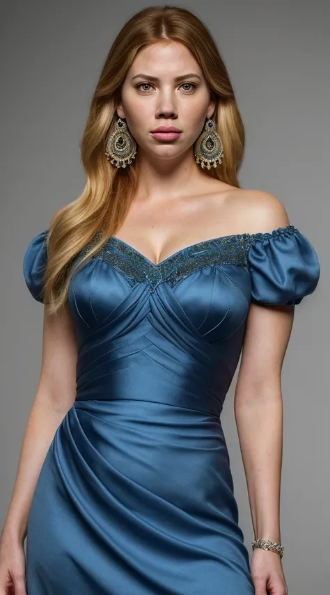 there is a woman with a blue dress and earrings on, most beautiful woman on earth, 30 years old, this person does not exist, melissa sagemiller-sophia tatum-danneel ackles-ashley benson-michelle trachtenberg-jennifer garner-kate upton-hayley kiyoko-renee z...