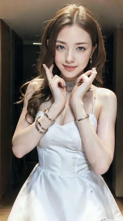 24 year old white female、Hair color is brunette、blue eyess、Longhaire、Straight hair、accessories on wrist、I&#39;m wearing a choker、skin is smooth、a smile、Slender but muscular body、wearing fingerless gloves、wearing a mini princess dress、Im wearing high heels、...