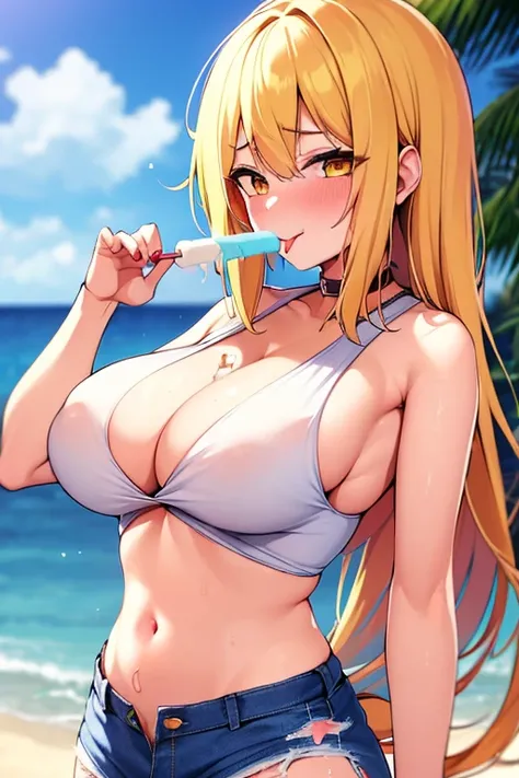 masutepiece,best qualtiy,1girl in,a blond,white sleeveless shirt,Right eye is yellow,The left eye is red,Side tail hair,Navel Ejection,blue short jeans,Popsicle,太いPopsicle_tonguetongue,blush,tongue,爆乳,authentic tongue