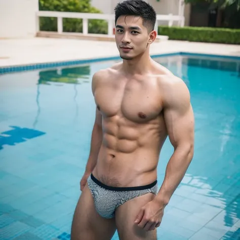 (Asian men), Manly，vast pecs，Abs，Wearing a fishnet swimsuit, See-through, Wet clothes, pool-side, (Fake smile:0.7), Dynamic pose, Bulge, Muscular, Realistic, Masterpiece, Intricate details, Detailed background, Depth of field, Photo of a handsome man,(buzz...