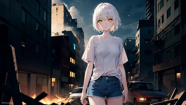 animesque、hight resolution、absurderes、one girls、white  hair、(lob cut hair:1.2)、(yellow  eyes:1.2)、(Wearing a plain white shirt:1.3)、(Blue Denim Shorts:1.3)、Dynamic Pose、(The upper part of the body)、cowboy  shot、A big building came into view、The building is...