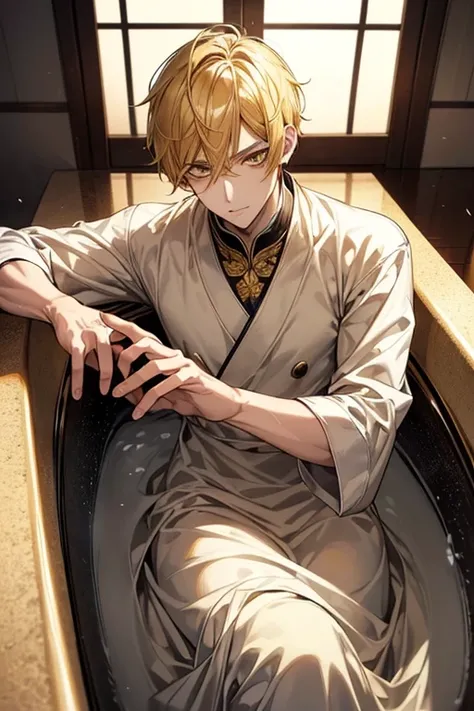 (masutepiece), (Best Quality), Highly detailed, 1 male, Solo Focus, Perfect face, Beautiful face, extra detailed face，yellow short hair, long yellow eyelashes、yellow eyebrows、Handsome man with expressive eyes, Yellow eyes、细致背景、black long gown、bathtub