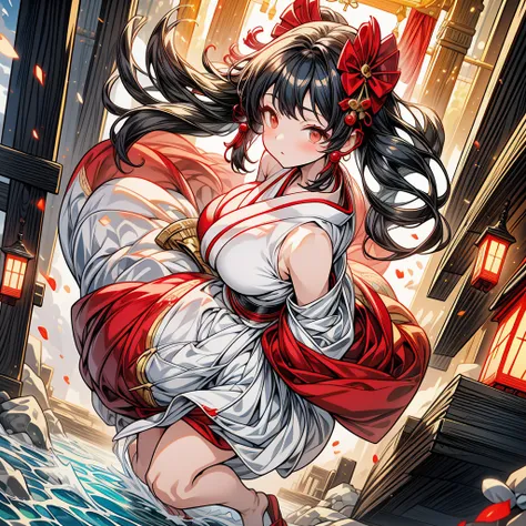 (the pounding mochi contest:1.4), masterpiece, High-quality, High-resolution, Realistic anime sketch, To celebrate the New Year, ((full body, featuring a beautiful Japanese sexy shrine maiden with Soft smooth body and Chubby plump skin, Full cheeks, large ...