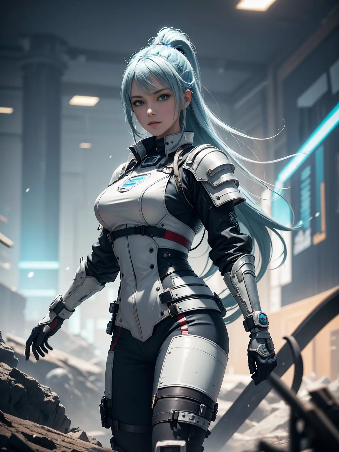 ((best quality)), ((masterpiece)), (detailed:1.4), 3d, an image of a beautiful cyberpunk female, straight long hair, ice blue ha...