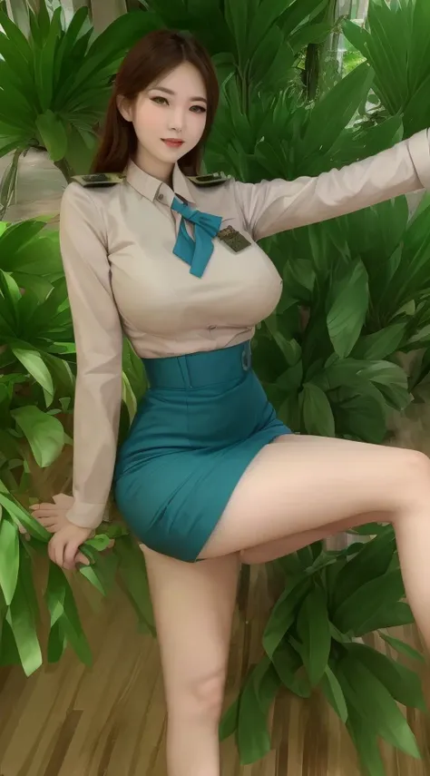 A Beautiful Girl, Thai civil servant uniforms, short cycad, decoration, enormous breasts, Long slender legs.,dynamic poses,