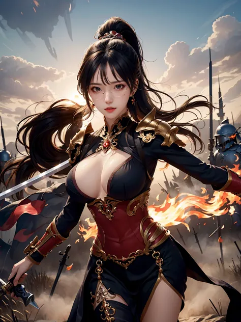 (masterpiece:1.3), live wallpaper, top-quality, Beautifully Aesthetic:1.2, ((1 girl)), solo, (red and white colors warrior steel armor and helmet), (black brown Hair, Straight hair, ponytail hairstyle), detailed face, detailed eyes, detailed ears, detailed...