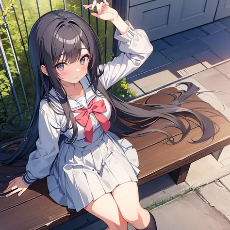 beautiful and innocent anime high school girl with long black hairs and short height with beautiful gray eyes