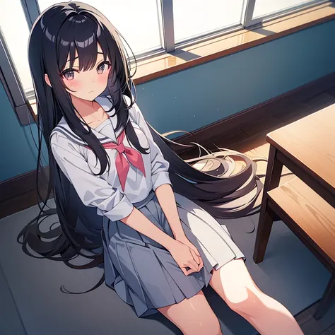 beautiful and innocent anime high school girl with long black hairs and short height with beautiful gray eyes