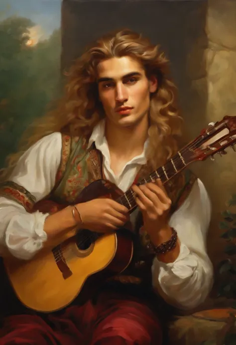 Baroque style painting of a young gypsy guitar player, earrings and bracelets, beautiful and strong young man, dressed in a vest, shirt and pants in the style of the Victorian Era, green eyes, long, wavy, silky, blonde hair falling over his shoulders, ((pl...