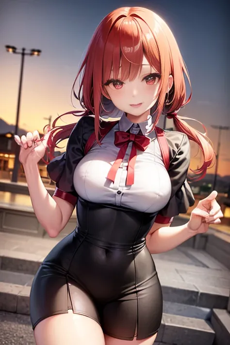 Japan anime characters,Chisato_nishikigi_(lycoris_Recoil), masutepiece, Best Quality,1girl in, Solo, Bangs, Left Hair Ribbon, (medium breasts:1.4), Red Eyes, Smile, Solo,twintails hairstyle, Red hair, (Strapless:1.1), (Cowboy Shot:1.2), city, (uniform:1.2)...