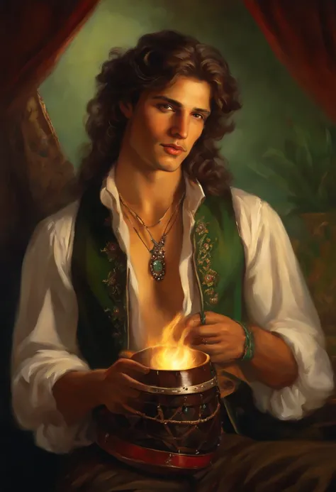 Baroque style painting of a young gypsy, earrings and bracelets, beautiful and strong young man, dressed in a vest, shirt and pants in the style of the Victorian Era, green eyes, long, silky, brown hair falling over his shoulders, ((playing a gypsy tambour...