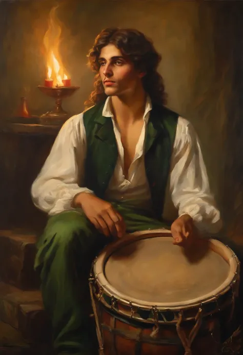 Baroque style painting of a young gypsy, earrings and bracelets, beautiful and strong young man, dressed in a vest, shirt and pants in the style of the Victorian Era, green eyes, long, silky, brown hair falling over his shoulders, ((playing a gypsy tambour...