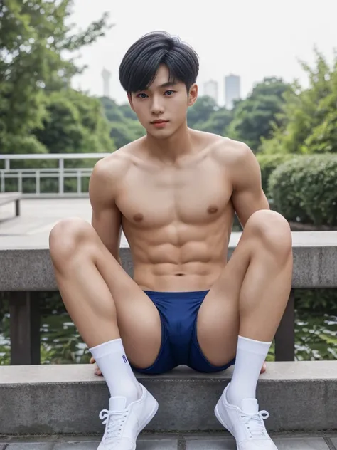 16 years old teenagers , very young , light-skin , wearing an dark blue sexy underwear, tmasterpiece，k hd，the feet ，black long socks，The barefoot , blue colour , handsome and cute , extreme cute boy , white skin , dark blue underwear boxers shorts , extrem...