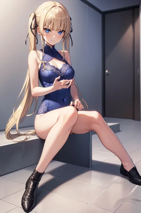 eririspencer, eriri sawamura spencer, blonde hair, blue eyes, blunt bangs, hair ribbon, hime cut, long hair, twintails, full body, full pose, ((medium BREASTS)), ((smug face)), smile, Grimace, ((sitting on floor)),((show feeteets in first plan)), ((blue un...