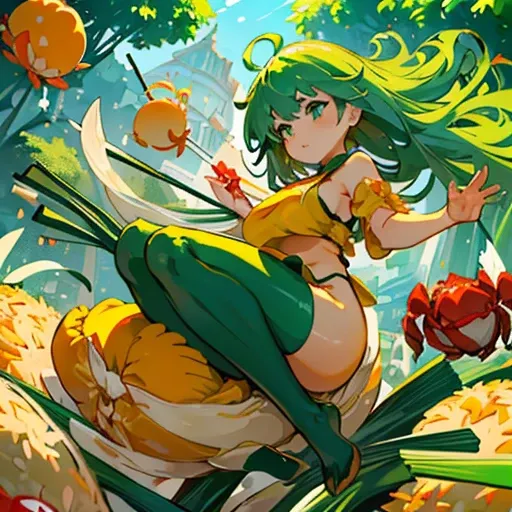 A mustard girl floats with a procession of oversized fresh spring roll balls.、Amazing dynamism、Amazing Angle、unstable buoyancy sandstorm、(((Many friendly oversized green onions are floating and multiplying.)))、(((surround each other&#39;extra large crab fr...