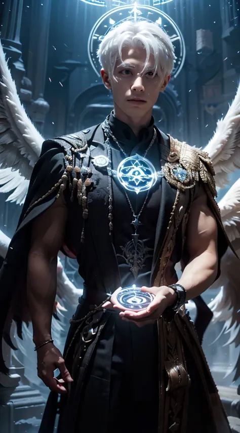 1boy,(muscular:0.6), (Magic circles on the backs of both hands,fist), (Separate theme), (White Hair,Black Hair), (angel,Demons), (White wings,Black wings),