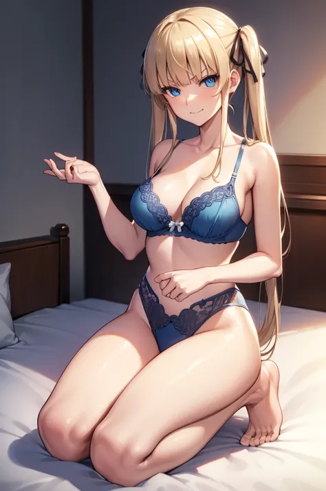 eririspencer, eriri sawamura spencer, blonde hair, blue eyes, blunt bangs, hair ribbon, hime cut, long hair, twintails, full body, full pose, ((medium BREASTS)), ((smug face)), smile, Grimace, ((kneeling)),((show feets)), ((feets in first plan)), ((blue li...