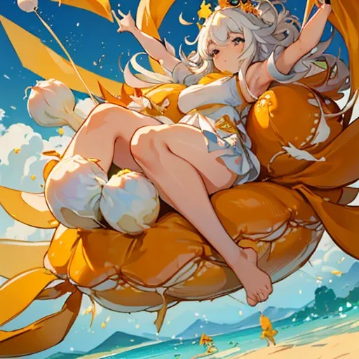 A mustard girl floats with a procession of oversized fresh spring roll balls.、Amazing dynamism、Amazing Angle、unstable buoyancy sandstorm、(((Many friendly oversized white onions floating and branching out)))、(((surround each other&#39;bursting extra large c...