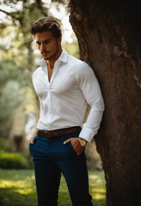 arafed man leaning against a tree in a white shirt, handsome man, clothed in white shirt, handsome male, handsome and attractive, inspired by Ramon Pichot, inspired by Maximilian Cercha, masculine and handsome, by Gabor Szikszai, by Giorgio Cavallon, hands...