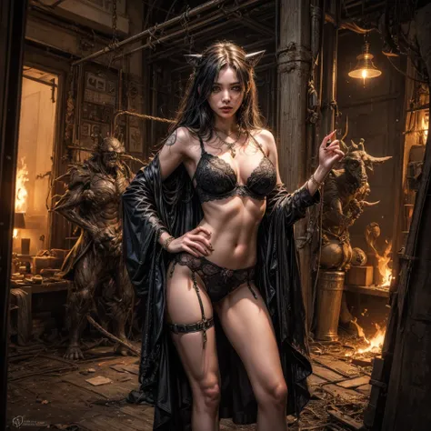 hellish nightmare, monsters, demons everywhere, young female exposed, exposed breast, exposed navel, (boobs),nsfw:1,1, fire, nude, beads belt, rope belt, necklace, ornaments, tattoo, legs apart, lingerie, chain bra