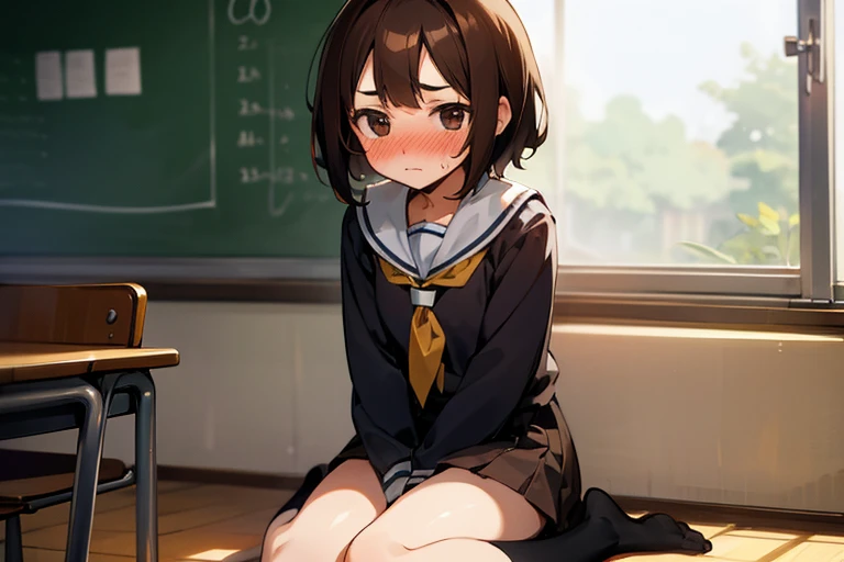 ((wariza)),short stature girl,high school student,brown hair,short hair,open thighs,nose blush,uniform,classroom