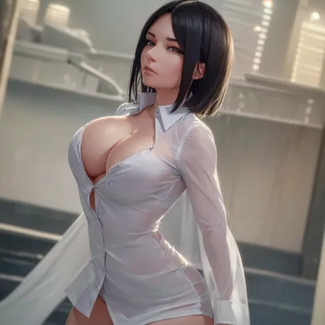 ((Best quality, 8k, Masterpiece :1.3)), Sharp focus :1.2, A pretty woman with perfect figure :1.4, Slender abs :1.2, ((Layered haircut, Big breasts :1.2)), (Wet thin white button up long shirt :1.1), City street:1.2, Highly detailed face and skin texture, ...