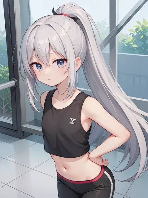 (plain eyes: 1.2), ((best quality)), anime, flat chest, childish body,  girl, apathetic, emotionless, darkened eyes, flat chest, long hair, silver hair, ponytail, black eyes, black shirt,  sport pants, 1girl, solo,