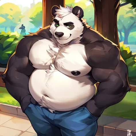 Solo, male, panda bear, chubby, musclegut, muscular, mature male, green eyes, white hair, body hair, blue jeans, no shirt, park background, by mystikfox61, by darkgem, by glitter trap boy, by bebebebebe, black amd white fur, bear ears, hairy belly, bear ta...