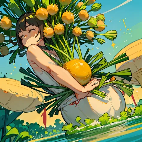 A mustard girl floats with a procession of oversized fresh spring roll balls.、Amazing dynamism、Amazing Angle、unstable buoyancy sandstorm、(((Many friendly oversized green onions floating and branching out)))、(((surround each other&#39;bursting extra large c...