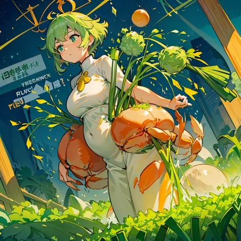 A mustard girl floats with a procession of oversized fresh spring roll balls.、Amazing dynamism、Amazing Angle、unstable buoyancy sandstorm、(((Many large green onions floating and branching out)))、(((surround each other&#39;bursting extra large crab)))