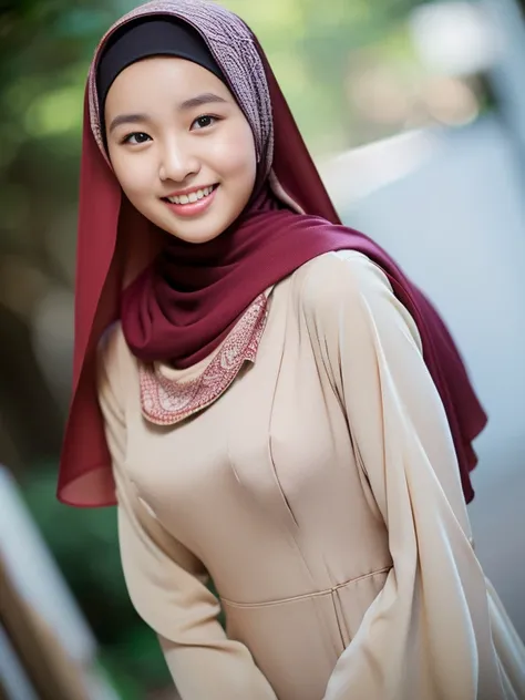 Classy innocent malay babe, ((wearing baju kurung malay village, slim figure, high resolution, professional lighting, fair skin, sweet smile, 20 yo,  long dark brown hair, fluffy hair, large sized breast, mix blood pan asian, blur background, highlight hai...