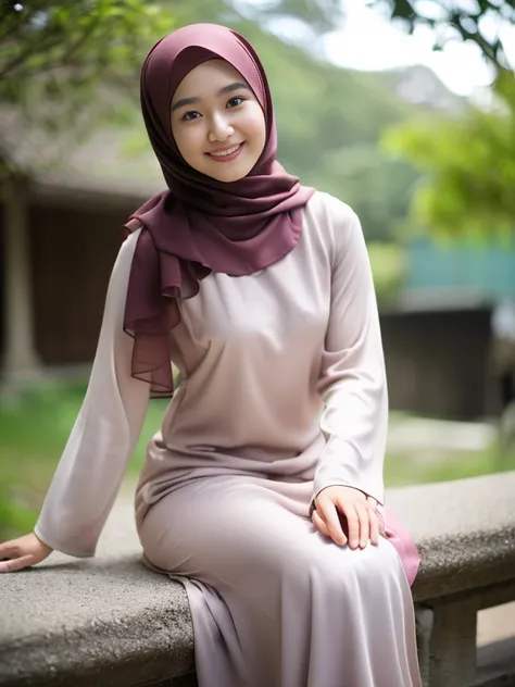 Classy innocent malay babe, ((wearing baju kurung malay village, slim figure, high resolution, professional lighting, fair skin, sweet smile, 20 yo,  long dark brown hair, fluffy hair, large sized breast, mix blood pan asian, blur background, highlight hai...