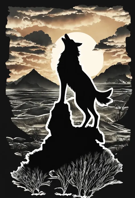 (silhouette art: 1.8), (anatomically correct), (white silhouette design of lone wolf，cliff edge silhouette，wolves howling：1.5，be...